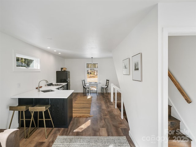 interior space with a wealth of natural light, kitchen peninsula, dark hardwood / wood-style floors, and sink