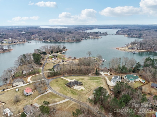 drone / aerial view featuring a water view