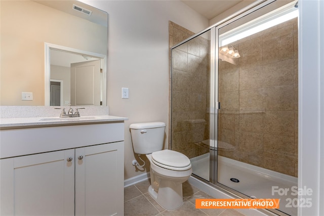 bathroom featuring visible vents, toilet, a shower stall, vanity, and tile patterned floors