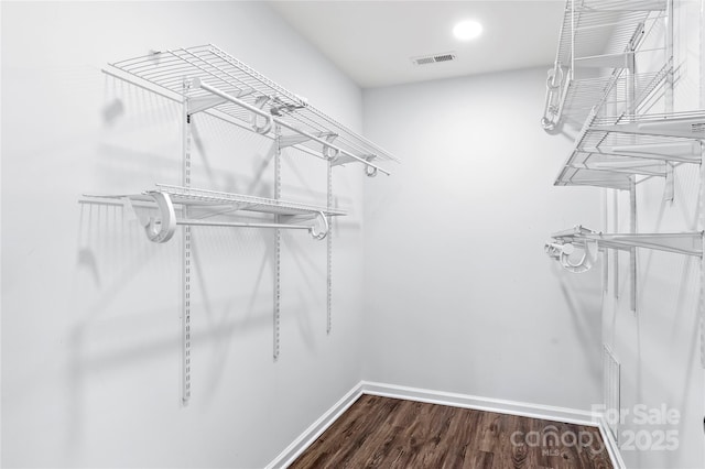 walk in closet with dark wood-type flooring