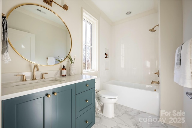 full bathroom with vanity, ornamental molding, washtub / shower combination, and toilet