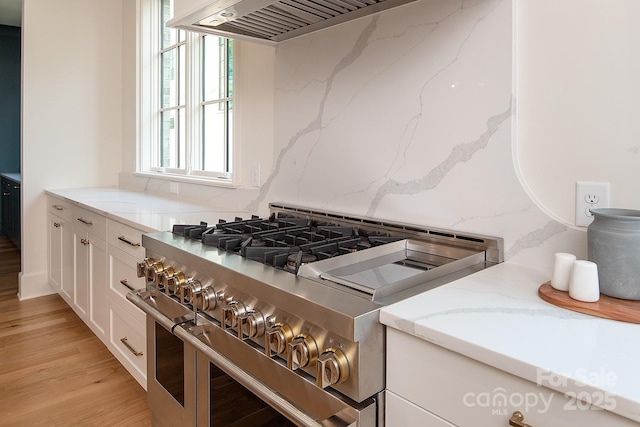 1214 S Kings Dr Unit A, Charlotte, NC 28207 - kitchen view of range with two ovens, decorative backsplash, white cabinets, light stone countertops, and light wood finished floors