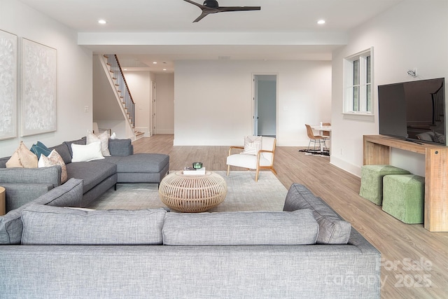 1214 S Kings Dr Unit A, Charlotte, NC 28207 - living area with wood finished floors, stairway, recessed lighting, and a ceiling fan
