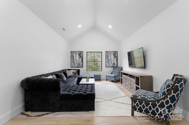 living room featuring wood-type flooring and high vaulted ceiling