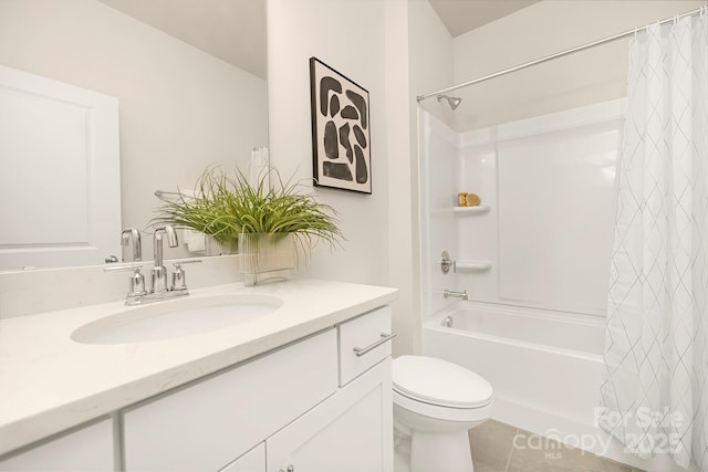 full bathroom with toilet, vanity, and shower / tub combo with curtain