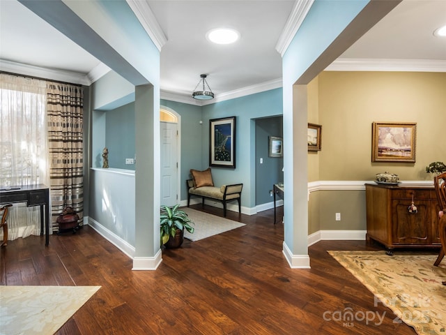 interior space featuring dark hardwood / wood-style floors and crown molding