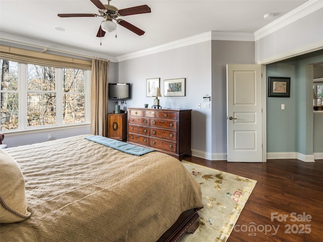 bedroom with ceiling fan, dark wood-type flooring, and crown molding