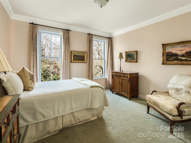 carpeted bedroom featuring crown molding