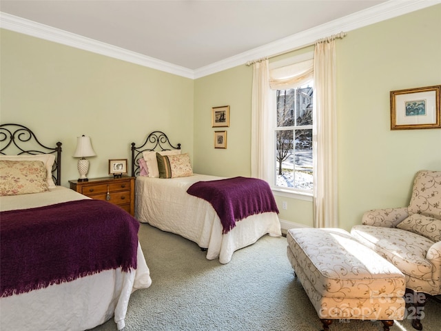 bedroom featuring carpet, crown molding, and multiple windows