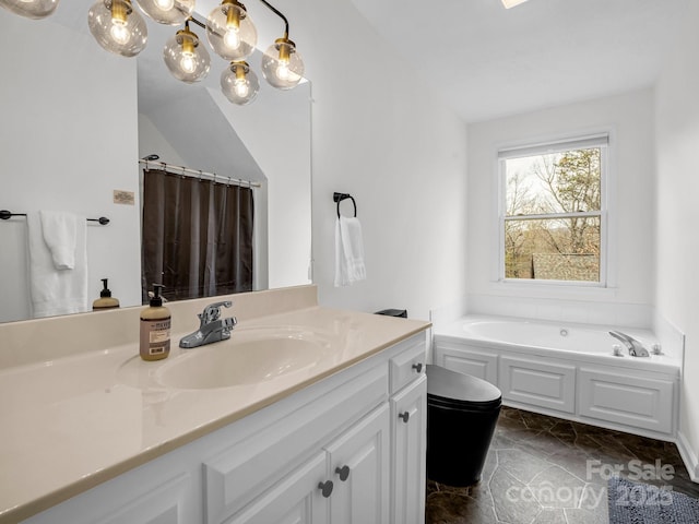 full bathroom with toilet, vaulted ceiling, vanity, plus walk in shower, and tile patterned flooring