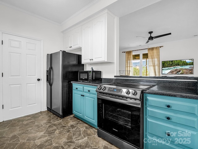 kitchen with blue cabinetry, ceiling fan, appliances with stainless steel finishes, ornamental molding, and white cabinets