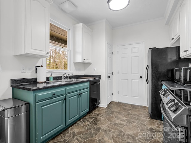 kitchen featuring crown molding, black appliances, sink, and white cabinets