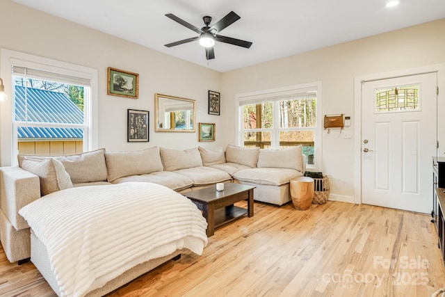 living room with ceiling fan, plenty of natural light, and light wood-type flooring