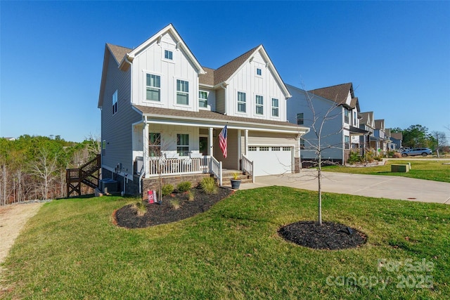 view of front of property with a front lawn, a garage, a porch, and central air condition unit