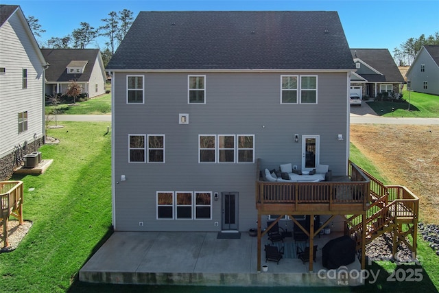 rear view of house featuring a lawn, central AC unit, a patio area, a wooden deck, and stairs