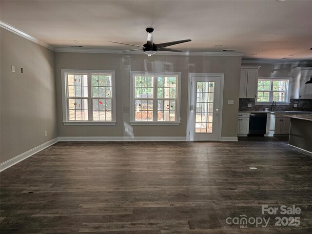 609 Shiloh Unity Rd, Lancaster, SC 29720 - unfurnished living room with a sink, dark wood-style floors, baseboards, a ceiling fan, and ornamental molding