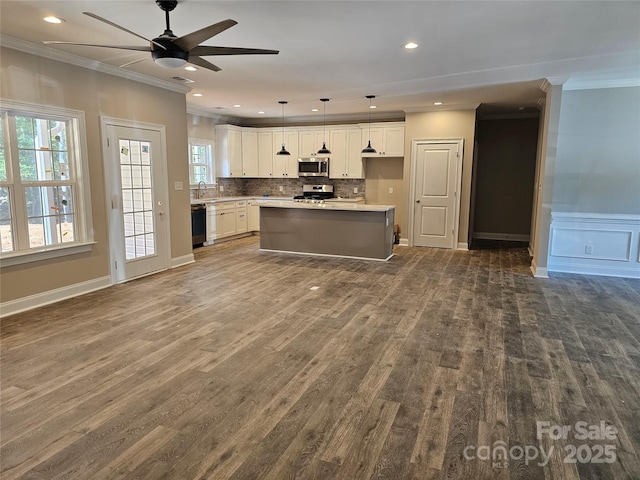 609 Shiloh Unity Rd, Lancaster, SC 29720 - kitchen with appliances with stainless steel finishes, ornamental molding, a ceiling fan, dark wood-style floors, and open floor plan