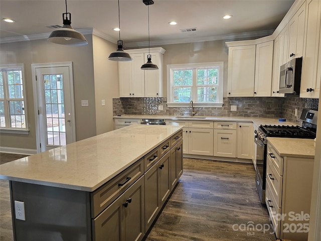 609 Shiloh Unity Rd, Lancaster, SC 29720 - kitchen with appliances with stainless steel finishes, a sink, crown molding, a center island, and dark wood-style floors