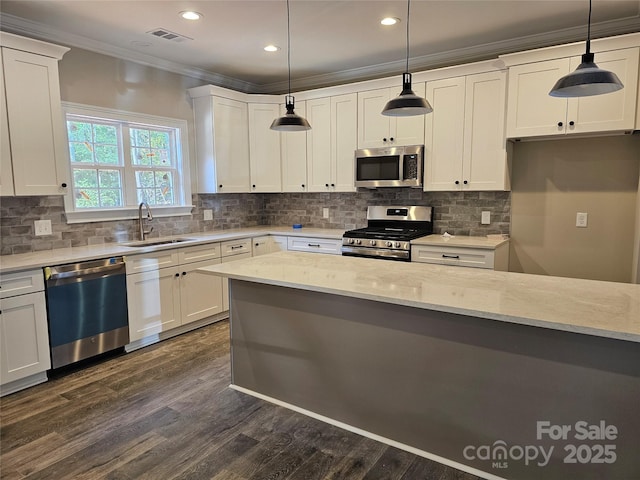 609 Shiloh Unity Rd, Lancaster, SC 29720 - kitchen featuring stainless steel appliances, a sink, ornamental molding, light stone countertops, and dark wood finished floors