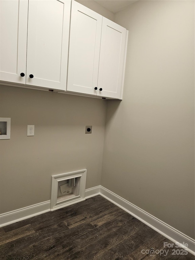 609 Shiloh Unity Rd, Lancaster, SC 29720 - laundry room featuring cabinet space, baseboards, dark wood finished floors, hookup for an electric dryer, and hookup for a washing machine