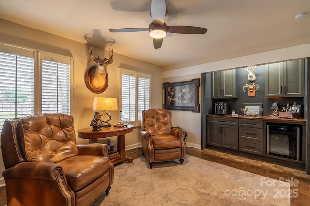 living area with ceiling fan