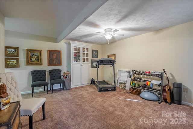 workout area with ceiling fan, light colored carpet, and a textured ceiling