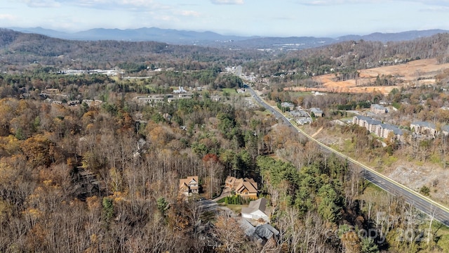 drone / aerial view featuring a mountain view