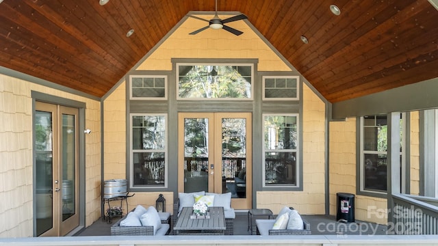 exterior space with lofted ceiling, french doors, ceiling fan, and wooden ceiling