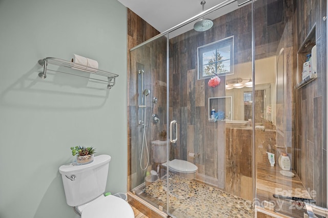 bathroom with toilet and a shower with door