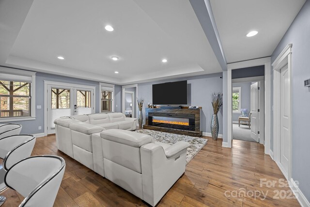 living room with a raised ceiling, a fireplace, and hardwood / wood-style flooring