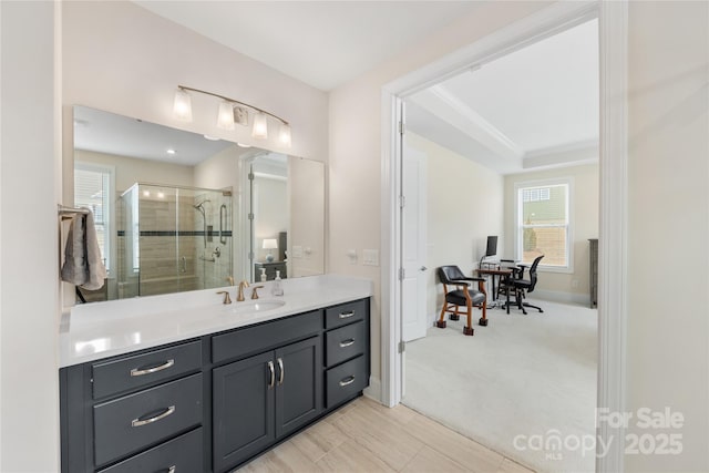 bathroom featuring vanity and a shower with shower door