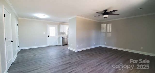 unfurnished living room featuring ceiling fan, dark hardwood / wood-style flooring, and ornamental molding