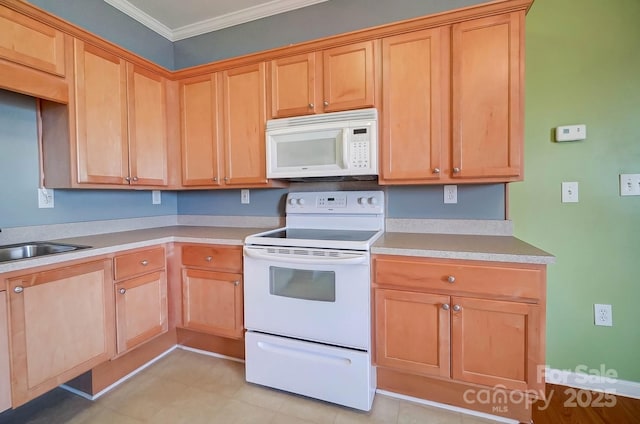 kitchen featuring ornamental molding, sink, and white appliances