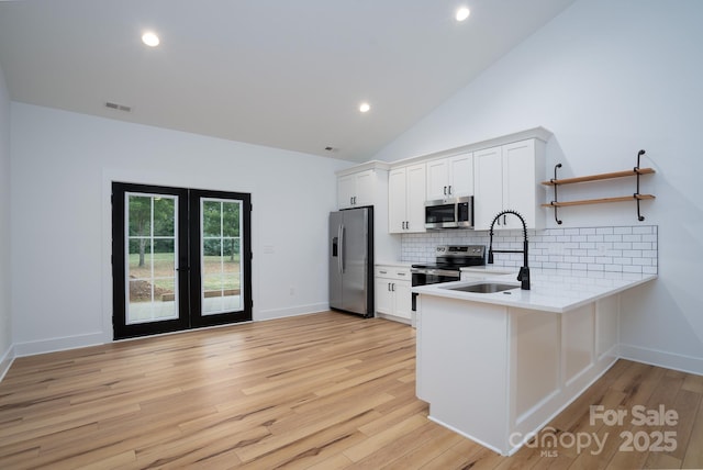 kitchen featuring sink, stainless steel appliances, light hardwood / wood-style floors, white cabinets, and kitchen peninsula