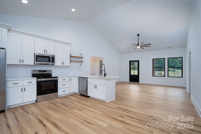 kitchen featuring stainless steel appliances, white cabinetry, sink, and kitchen peninsula