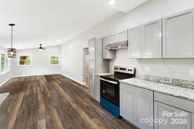 kitchen featuring lofted ceiling, gray cabinetry, dark hardwood / wood-style floors, light stone countertops, and stainless steel electric stove