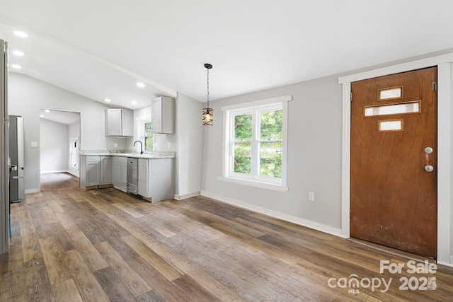 entrance foyer featuring lofted ceiling, sink, and wood-type flooring