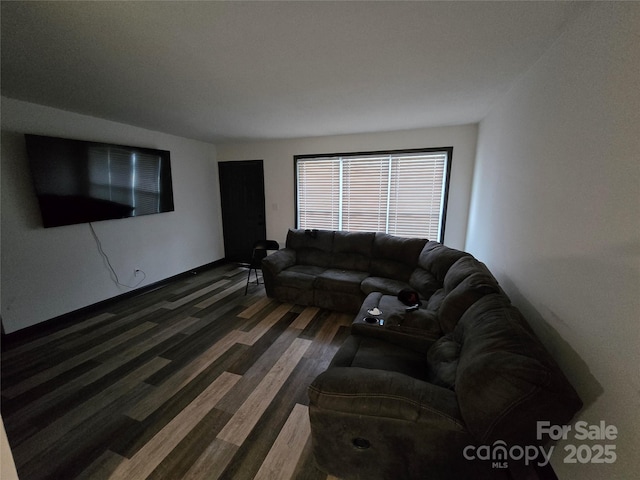 living room featuring dark wood-type flooring