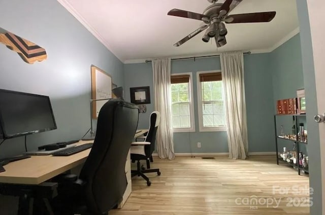 office featuring ornamental molding, ceiling fan, and light hardwood / wood-style floors