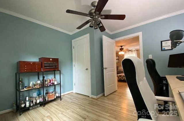 office with ornamental molding and light hardwood / wood-style floors