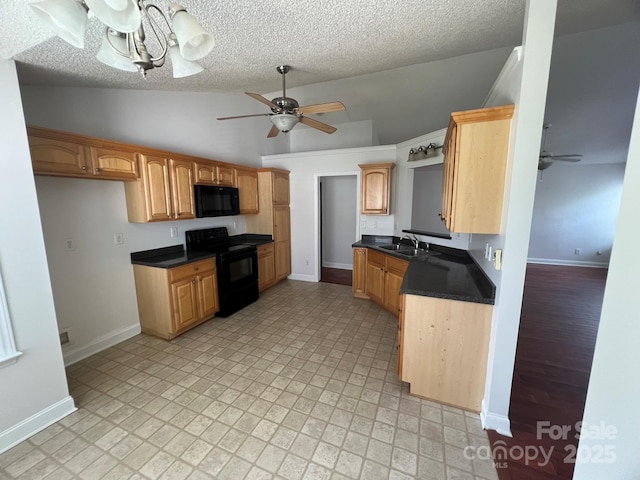 kitchen with vaulted ceiling, sink, ceiling fan, black appliances, and a textured ceiling