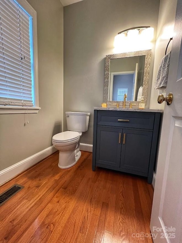 bathroom featuring toilet, vanity, and wood-type flooring