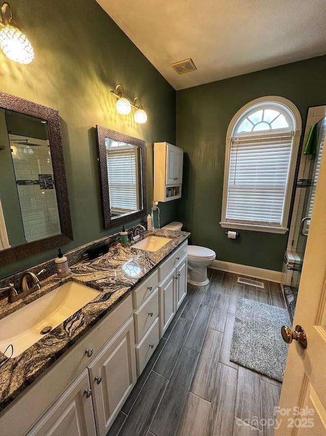 bathroom featuring toilet, vanity, and walk in shower