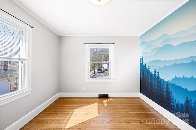 empty room featuring wood-type flooring and ornamental molding