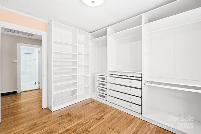 spacious closet with light hardwood / wood-style flooring