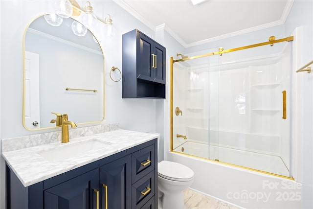 full bathroom featuring bath / shower combo with glass door, ornamental molding, and toilet