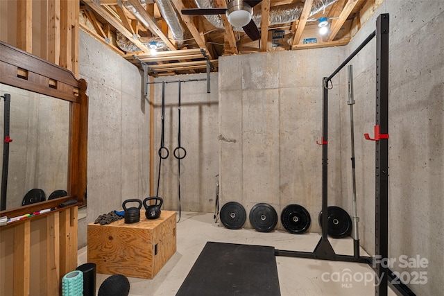 workout area featuring ceiling fan