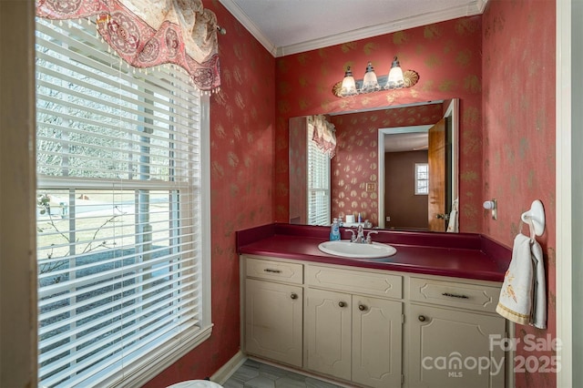 bathroom featuring vanity and crown molding