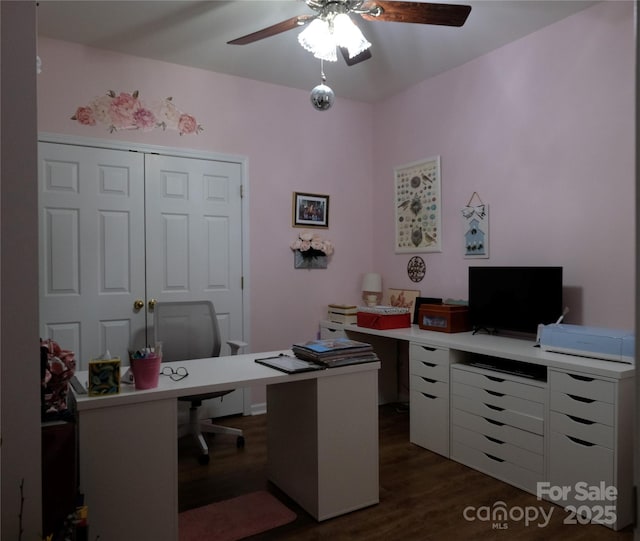 office space with ceiling fan and dark wood-type flooring