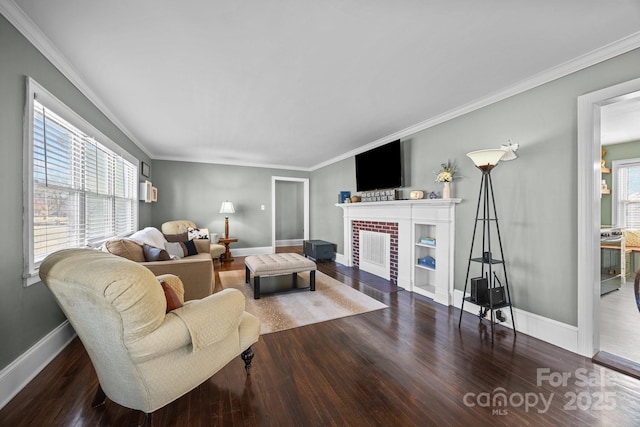 living room featuring crown molding and dark hardwood / wood-style floors